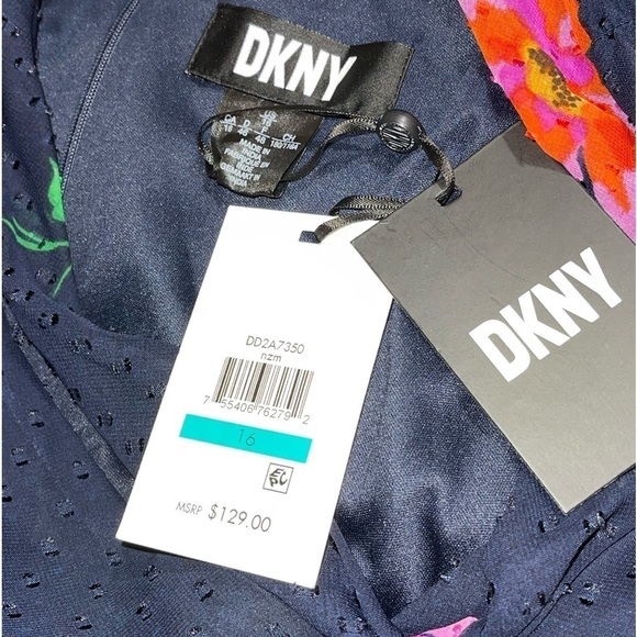 DKNY Floral Print Tie-Neck Mini Shift Dress in Navy Sz. 16 - Picture 10 of 12